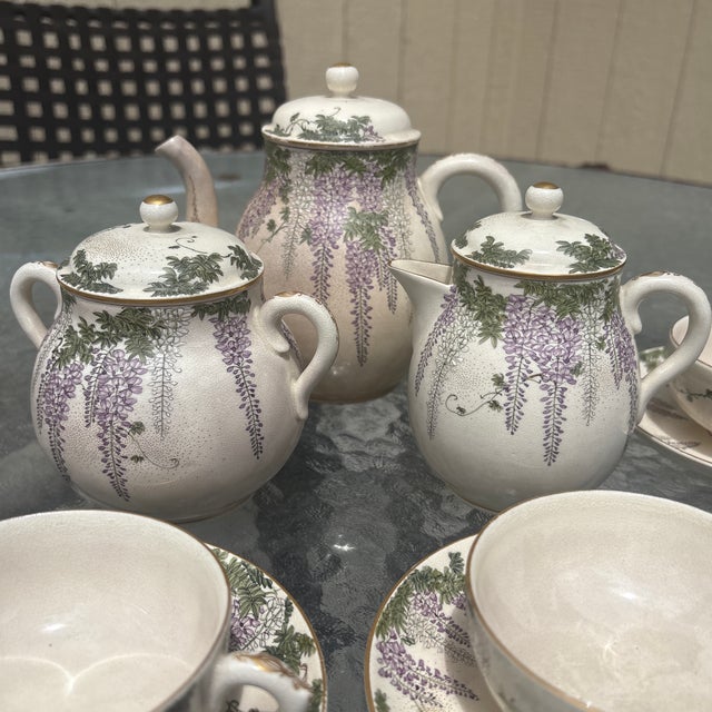 Japanese Antique Japanese Satsuma Tea Set With Wisteria, Meiji Period - Set of 15 For Sale - Image 3 of 6