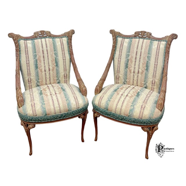 Vintage Regency Style Pickled Whitewash Upholstered Accent Chairs - Pair For Sale - Image 11 of 11