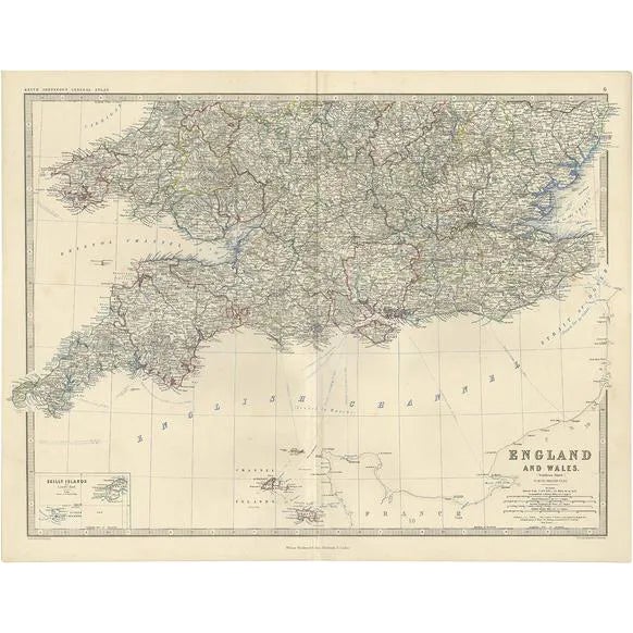 Antique Map of England and Wales by A.K. Johnston, 1865 For Sale