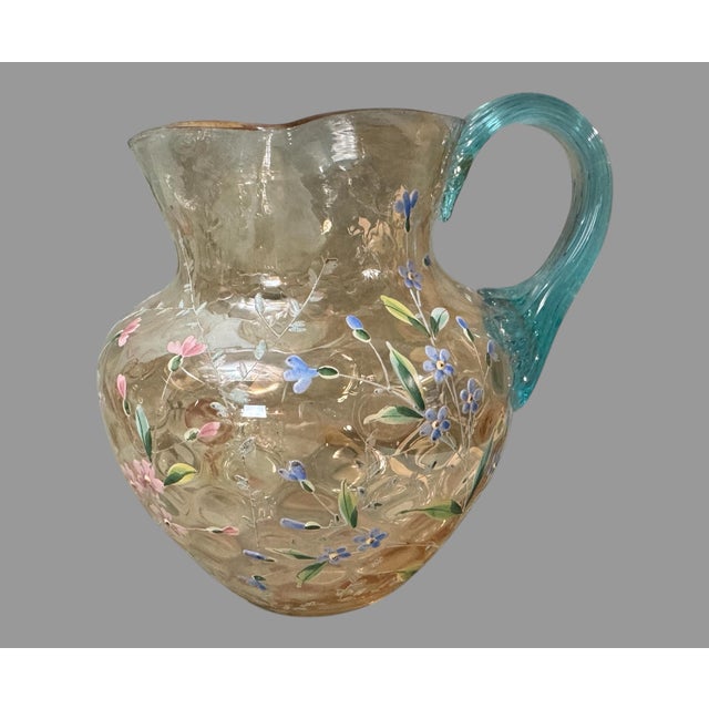 Antique Victorian Floral Hand Painted Enamel Decorated Art Glass Pitcher With 6 Glasses For Sale - Image 9 of 10