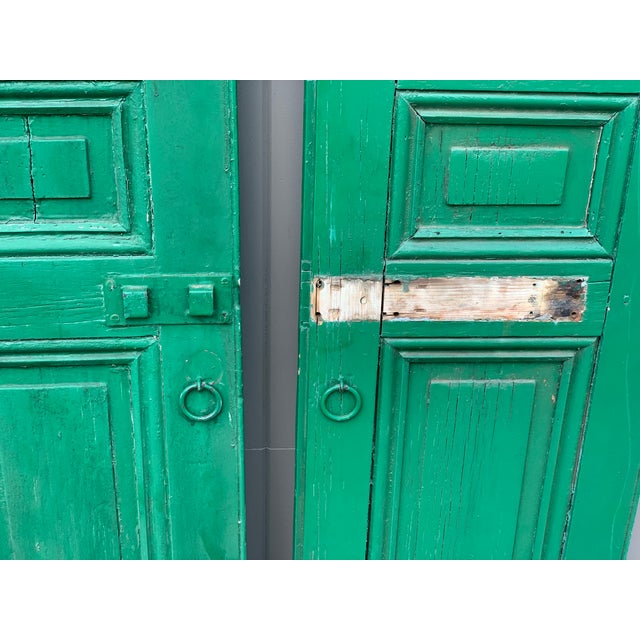 Antique European Arched Wood Shutters in Aged Green Paint – Pair For Sale - Image 4 of 9