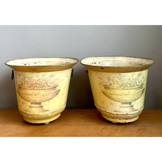 French Provincial Vintage Distressed French Toile Metal Cache Pot - A Pair For Sale - Image 3 of 12