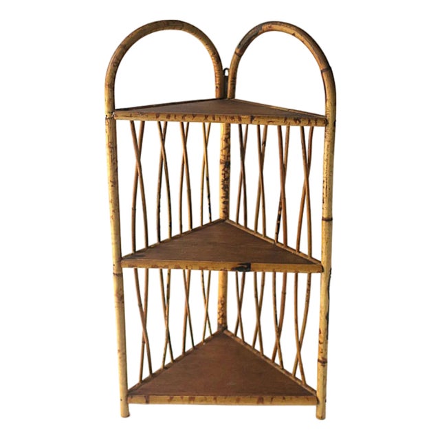 Wicker Bamboo Corner Wall or Floor Shelf Étagère For Sale