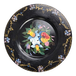 Vintage Large Tole Hand Painted Tray Black Metal Ornate Floral Design For Sale