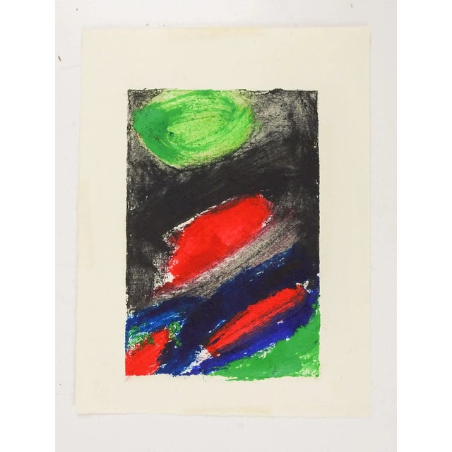 Vintage mid 20th century red, black, green and blue abstract monoprint. Unsigned. Unframed.