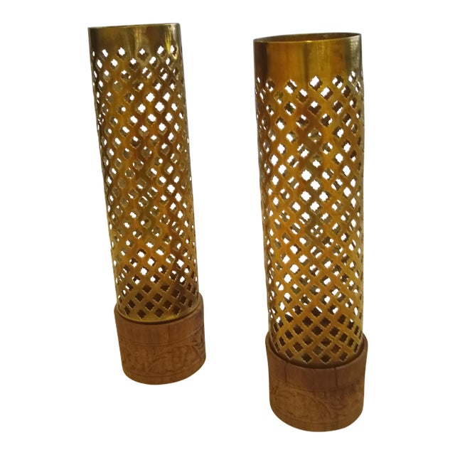 Vintage Perforated Brass/Wood Candle Holders - a Pair For Sale