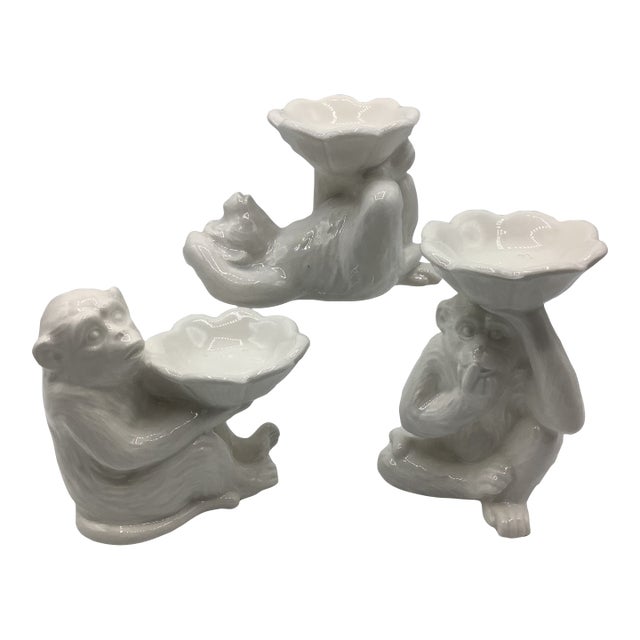 Vintage Fitz and Floyd White Ceramic Monkey Votive Holders Japan - Set of 3 For Sale
