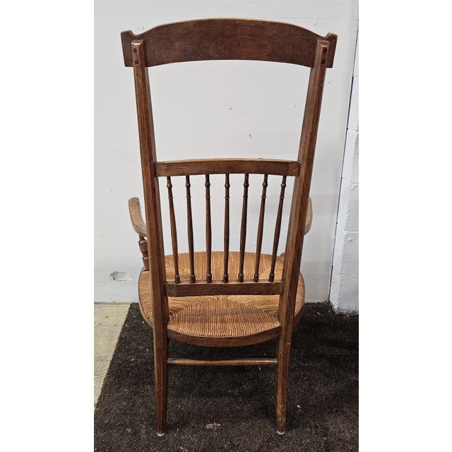 Brown Pair 19th Century French Provincial Beechwood and Fruitwood & Rush Seat High-Back Armchairs For Sale - Image 8 of 12