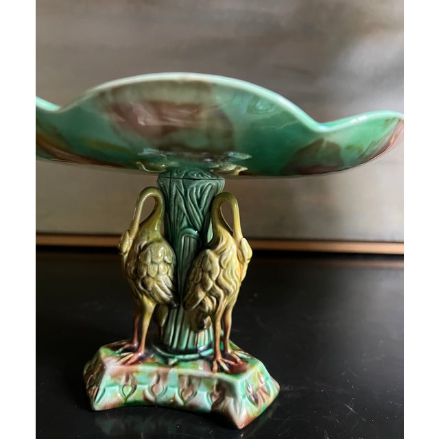 Antique English Majolica Pond Lily Compote With Stork , C. 1880's For Sale - Image 11 of 16