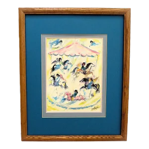 Carousel Merry-Go-Round Horses Print Ettore DeGrazia Impressionist Native American Children & Angels Framed