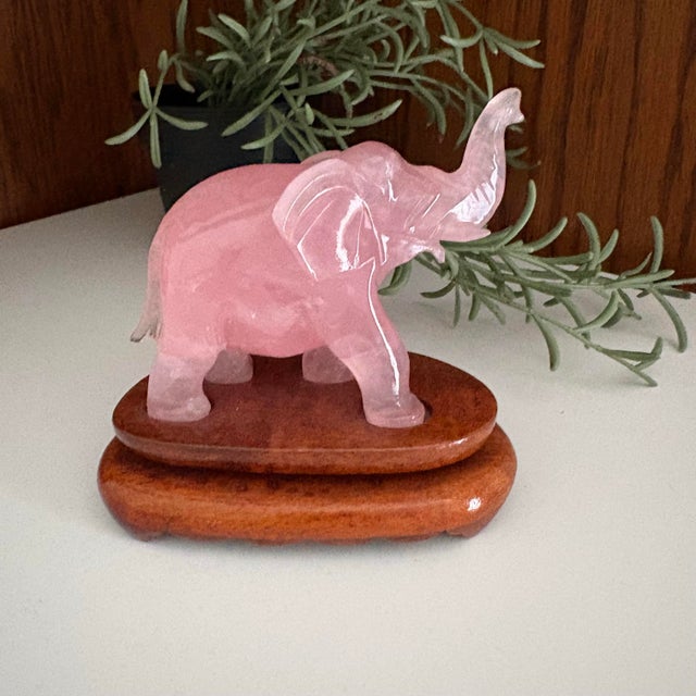 Vintage Rose Quartz Carved Elephants on Stands - A Pair For Sale - Image 9 of 10