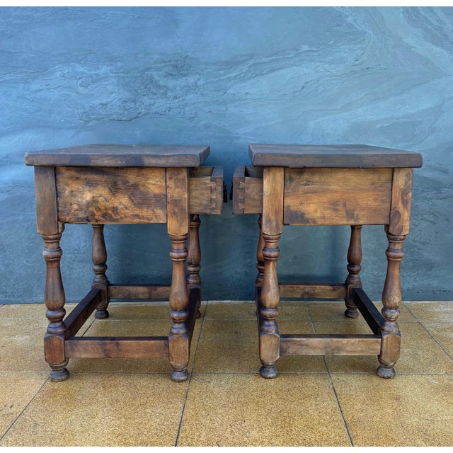 Brown Pair of Spanish Rustic Bedside Tables With Carved Drawers, Mid-20th Century For Sale - Image 8 of 11