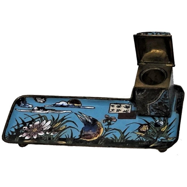 Early 20th Century Chinese Art Deco Enameled Bronze Inkwell w/ Bird and Flower Motif, ca. 1920 For Sale - Image 5 of 9