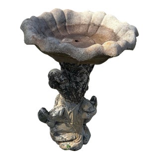 Vintage Aged Concrete Bird Bath With Squirrel and Frog For Sale