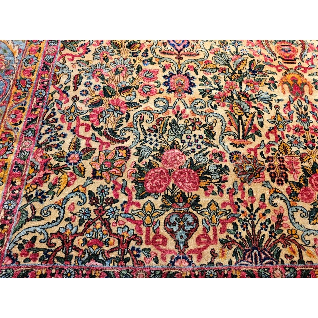 Ivory Vintage Oversized Persian Kerman Lavar Rug, Hand-Knotted Wool, Allover Floral Vase Pattern, Ivory & Turquoise, 9’ X 14’ For Sale - Image 8 of 18