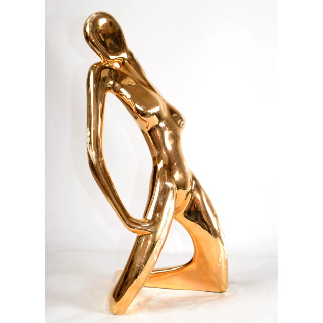 Mid-Century Modern 1986 Bohemian Jaru Cubist Nude Ceramic Woman Sculpture Distressed Gold Finish For Sale - Image 3 of 14