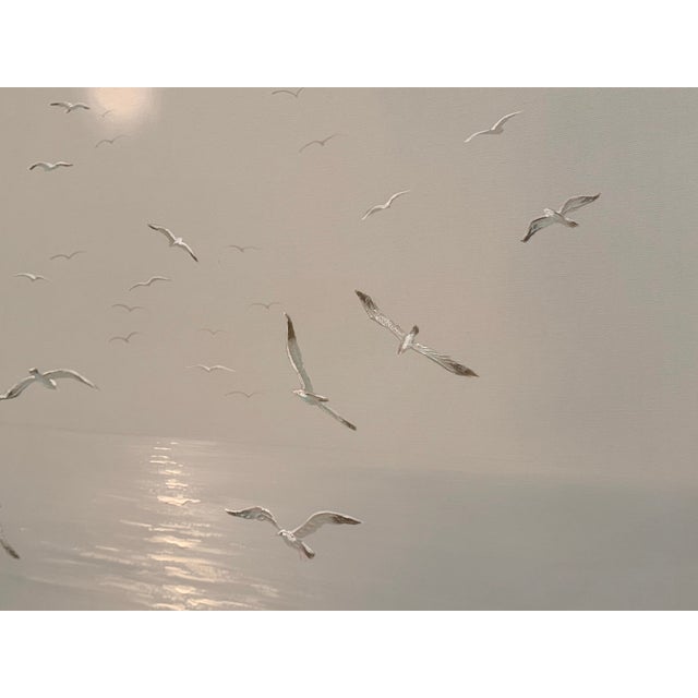 Vintage Lee Reynolds Vanguard Studios Seascape Oil Painting – Mid-Century Modern Coastal Seagulls Over Water, Large Framed Artwork For Sale - Image 9 of 9