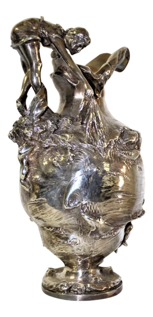 Antique , Silver Finish Art Nouveau Girl Pulling Fish Net. Vase