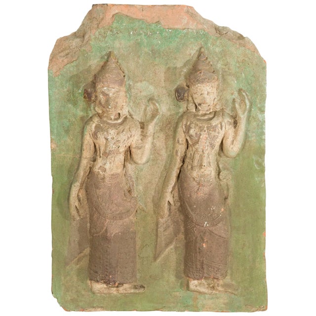 Thai Carved Stone Green Painted Temple Wall Plaque Depicting Ceremonial Dancers For Sale - Image 9 of 9
