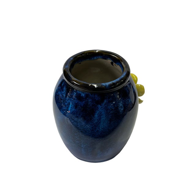 Asian Navy Blue Glaze Dimensional Yellow Flower Holder Pot Vase For Sale - Image 3 of 5