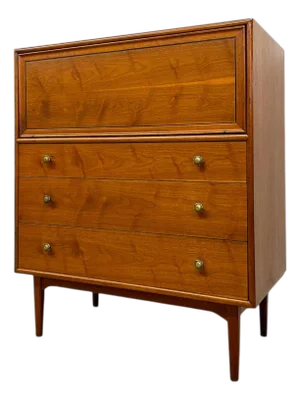 1960s Drexel Genuine Walnut Mid-Century Modern Secretary Chest With Drop-Front Desk and Drawers