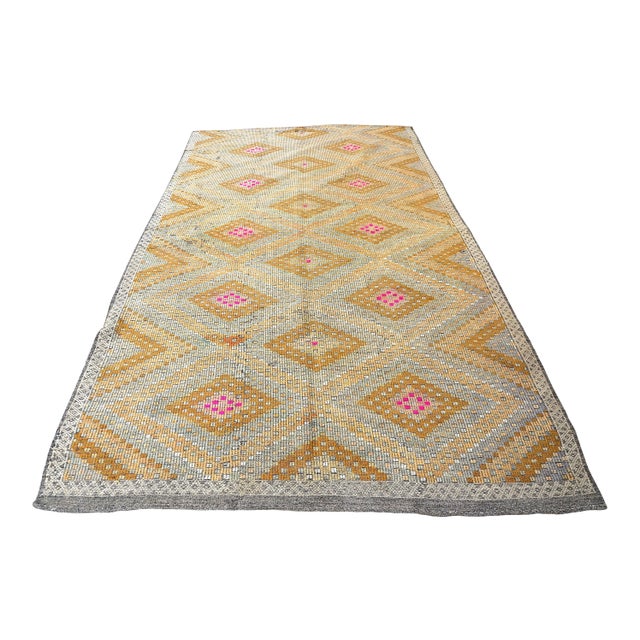 1960s Pastel Handwoven Geometric Tan Colour Kilim For Sale