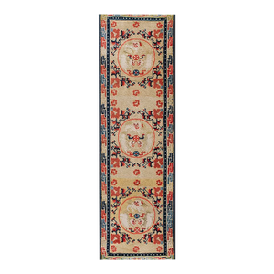 1880s Yellow Foo Dog Medallion Antique Chinese Ningxia Runner Carpet 2'4" X 7'2" Knotted Wool Rug