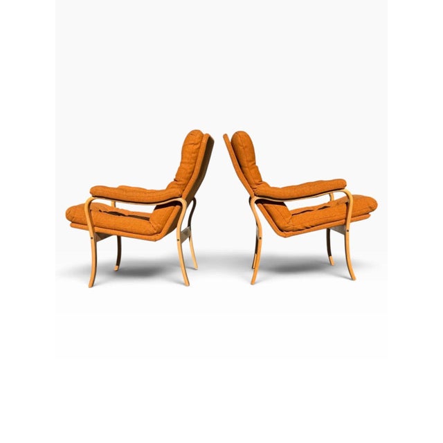 1970s Pair of Mid-Century Modern Bentwood Lounge Chairs | Scandinavian Style | New Burnt Orange Tufted Upholstery | C. 1970s For Sale - Image 5 of 10
