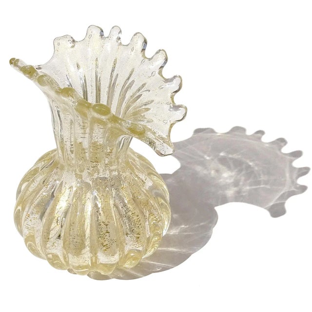 Murano Murano Vintage Clear Gold Flecks Bibbles Italian Art Glass Fan Shaped Scissor Cut Rim Flower Vase For Sale - Image 4 of 9