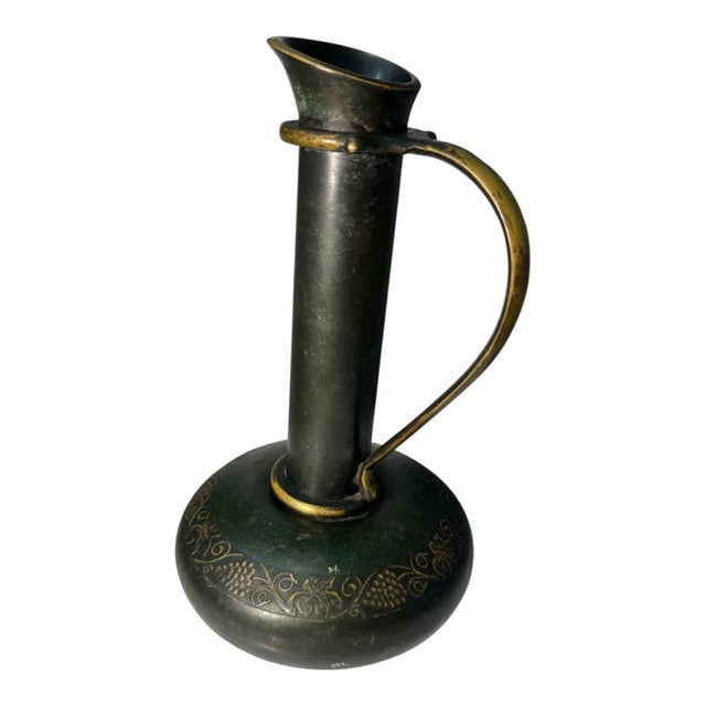 Art Deco Vintage Israeli Brass Bud Vase Ewer Grapevine Engraved Patina Israel For Sale - Image 3 of 14