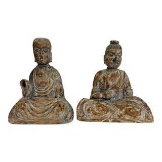 19th Century Pair of Carved Asian Figures, Bodhisattva and Guardian or Attendant For Sale