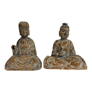 19th Century Pair of Carved Asian Figures, Bodhisattva and Guardian or Attendant
