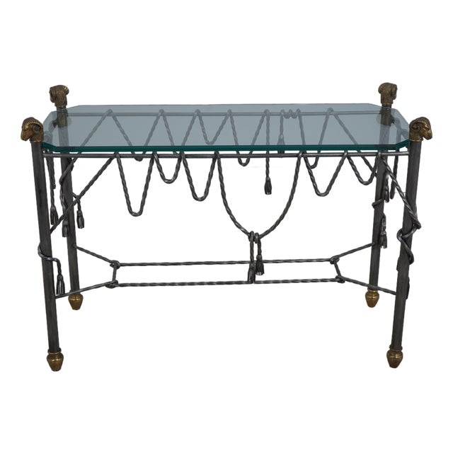 Regency Style Iron Brass & Glass Top Rams Head Console Table For Sale