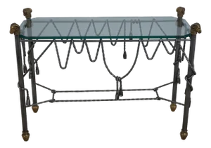 Regency Style Iron Brass & Glass Top Rams Head Console Table