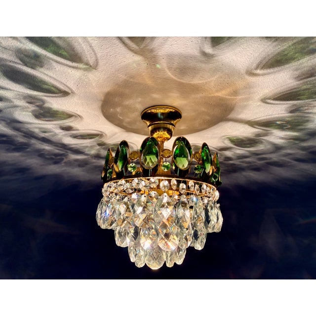 1960s French Brass Crown Chandelier – Rare Green & Clear Crystals For Sale - Image 9 of 14