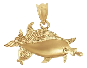 Two Fish with Diamond Cuts Charm/Pendant 14k Yellow Gold