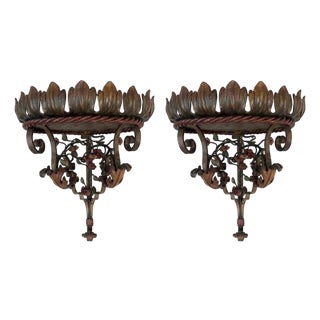 Art Nouveau Italian Lacquered Wrought Iron Corner Shelves, 1910s, Set of 2 For Sale