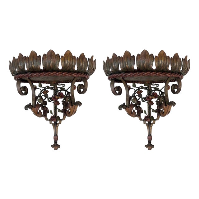 Art Nouveau Italian Lacquered Wrought Iron Corner Shelves, 1910s, Set of 2 For Sale