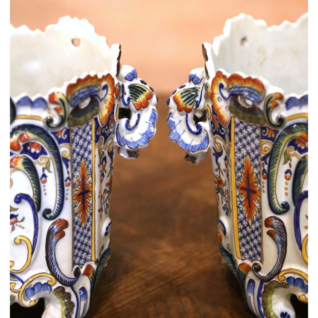 Late 19th Century Pair 19th Century French Rouen Faience Cachepots With Applied Masks For Sale - Image 5 of 10
