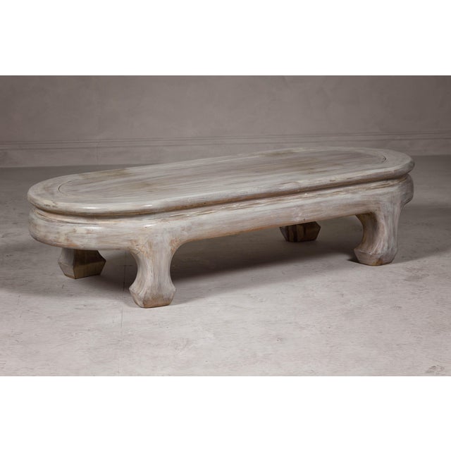 Traditional Teak Wood Vintage Whitewash Low Coffee table with Oval Top and Carved Legs For Sale - Image 3 of 12