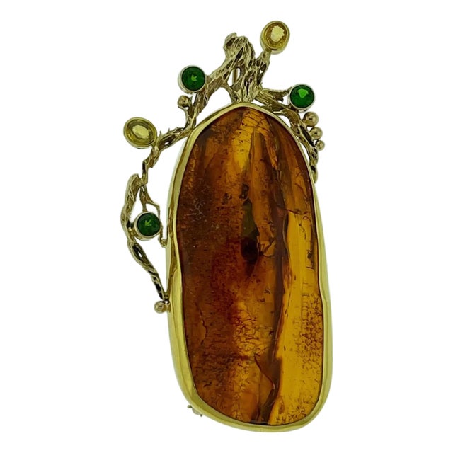 Natural Amber Tsavorite and Yellow Sapphire Necklace / Pin 18 Karat Yellow Gold For Sale