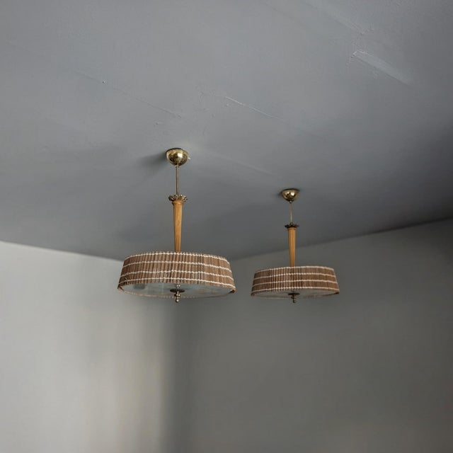 Mid-Century Modern Pendant Lights attributed to Paavo Tynell with Hand-Painted Glass Diffusers attributed to Kyllikki Salmenhaara for Taito Oy, Finland, 1940s, Set of 2 For Sale - Image 3 of 18
