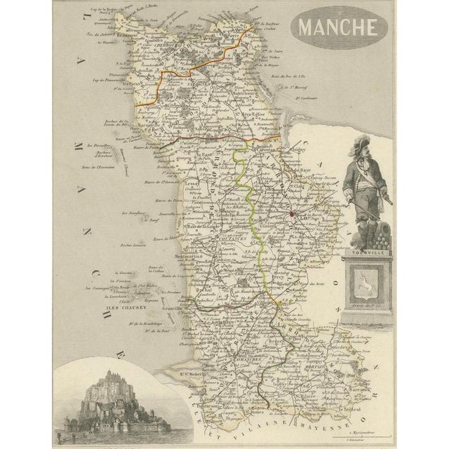 Antique Engraved Map of Manche with Mont Saint-Michel in France, 1850 For Sale - Image 3 of 9