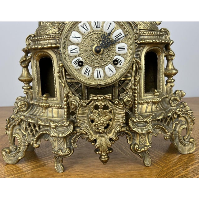 Gold Vintage Brass Figural Mantel Clock For Sale - Image 8 of 13