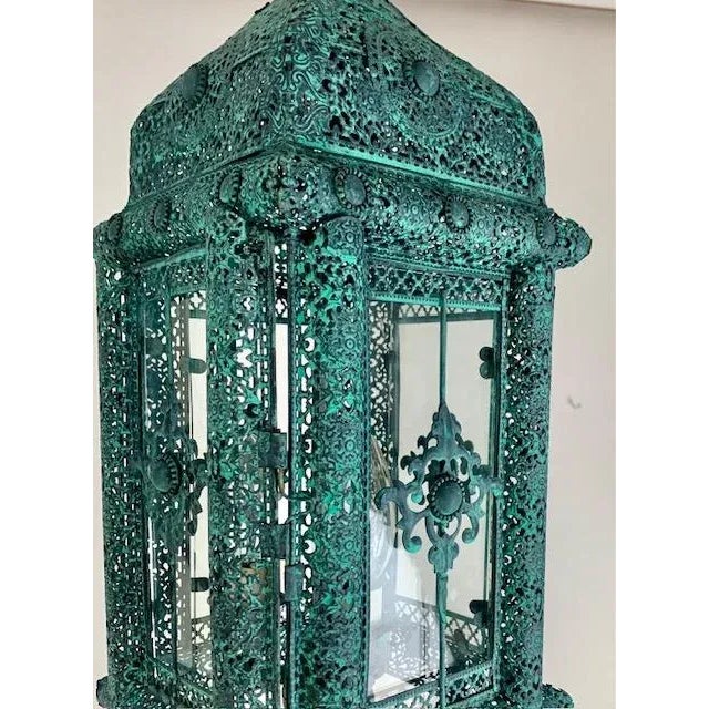 1950s Mediterranean Decorative Patina 3 Light Cluster Lanterns With Matching Chain and Canopy - Pair For Sale - Image 11 of 12