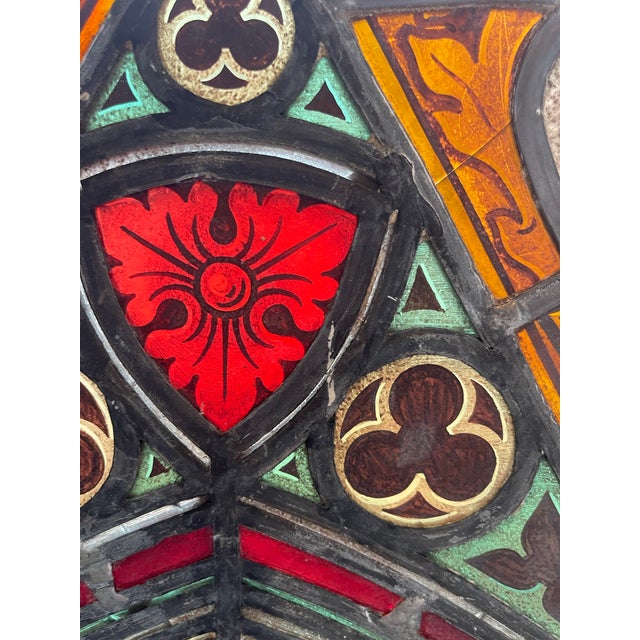 English Framed Stained/Painted Glass Window Piece 26”x16” Vintage, Handmade, Secure Frame With Hanging Chains For Sale - Image 3 of 12