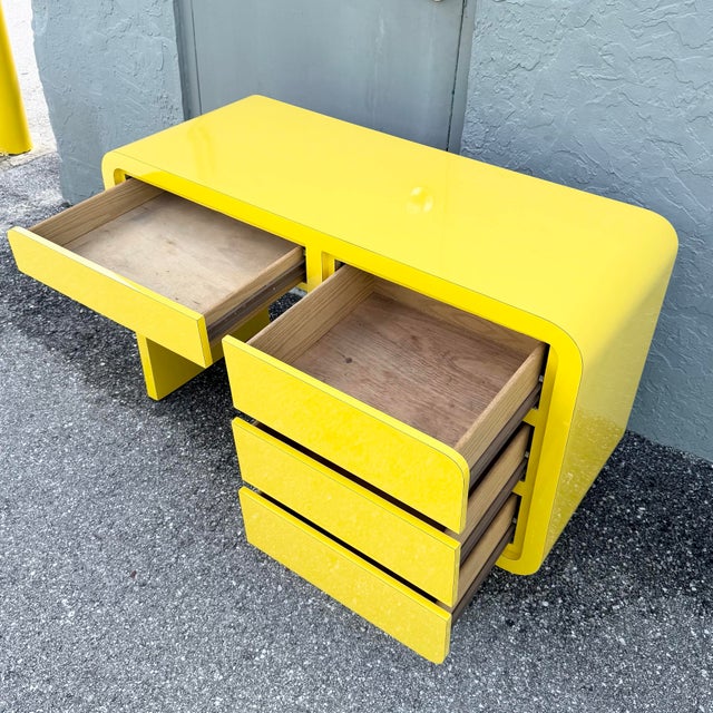 1980s Postmodern Yellow Gloss Laminate Waterfall Desk For Sale - Image 5 of 6