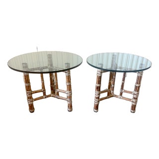 1970's Attributed McGuire Furniture Leather Wrapped Bamboo Accent Tables - A Pair For Sale