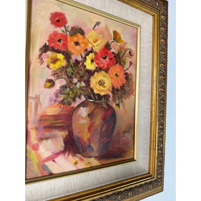 1980's Vintage Impressionist Floral Still Life Oil on Canvas Board Painting – Framed & Signed For Sale - Image 10 of 12