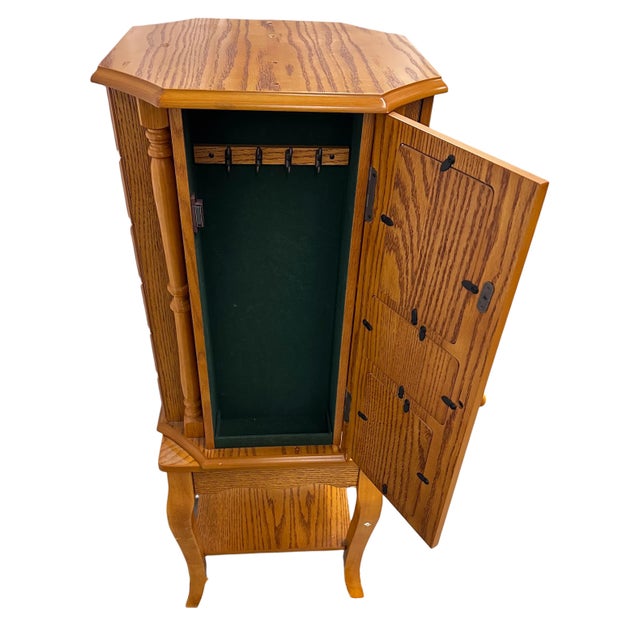 1960s Mid Century Revolving Jewelry Armoire in Oak Finish Free Standing Pilasters Mirror Chest of Draws For Sale - Image 4 of 17